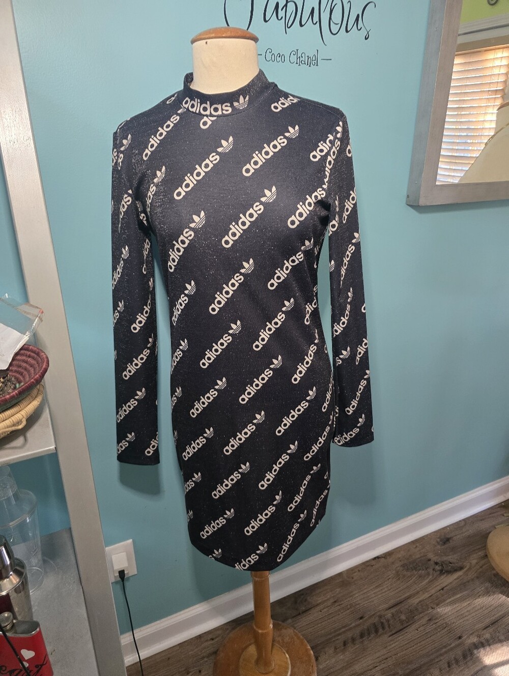 Adidas Originals Metallic Sparkly Knit Monogram Mock Neck Dress
